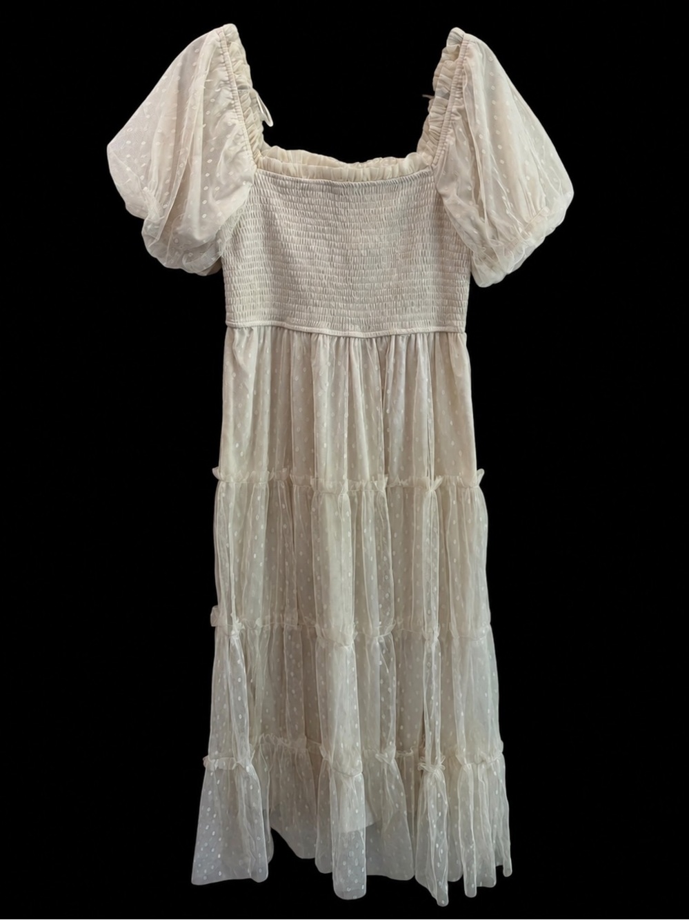 NWT Blu Pepper Milkmaid Coquette Cream Puff-Sleeve Smocked Midi Dress Size L